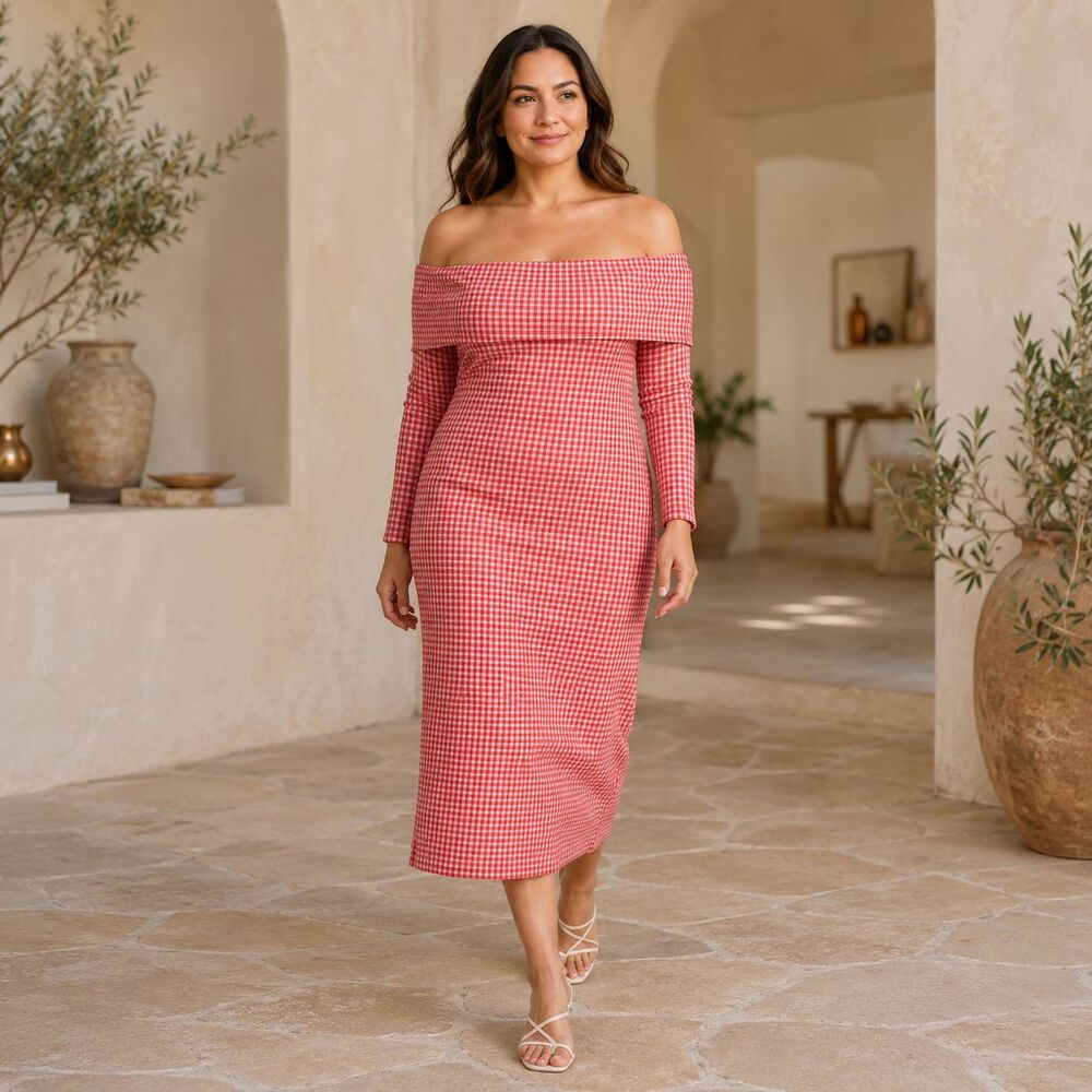 ANTHROPOLOGIE ENGLISH FACTORY Women's New 2X Midi Dress Gingham Red Off Shoulder